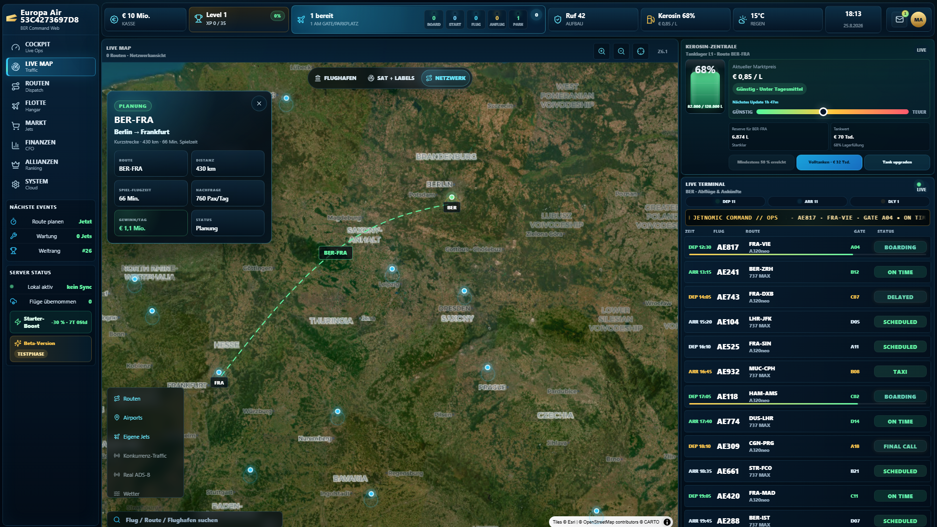 Airline Manager Live Weltkarte mit Live-Flügen